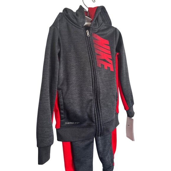 Nike Boys 2 Piece Size 4T Therma Fit Black Heather Sweatsuit NWT Gray Red Hoodie - Picture 4 of 12